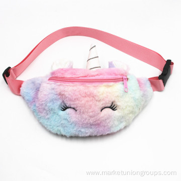 Hot Sale Little Girl Warm Colorful Rainbow Plush Soft Unicorn Fanny Pack Kids Bum Bags Ladies Cute Waist Bag